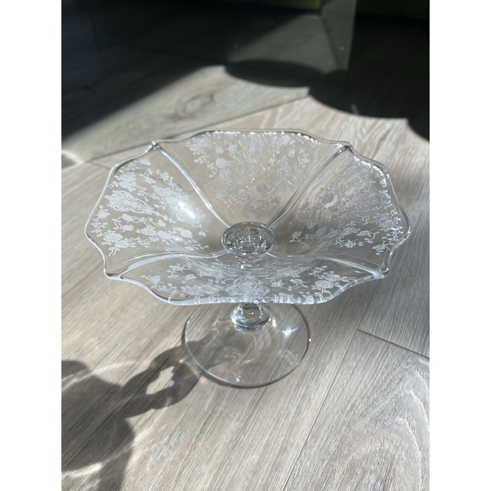 ~Cambridge Rose Point Clear Footed Cheese Compote Etched Dish Pedistal